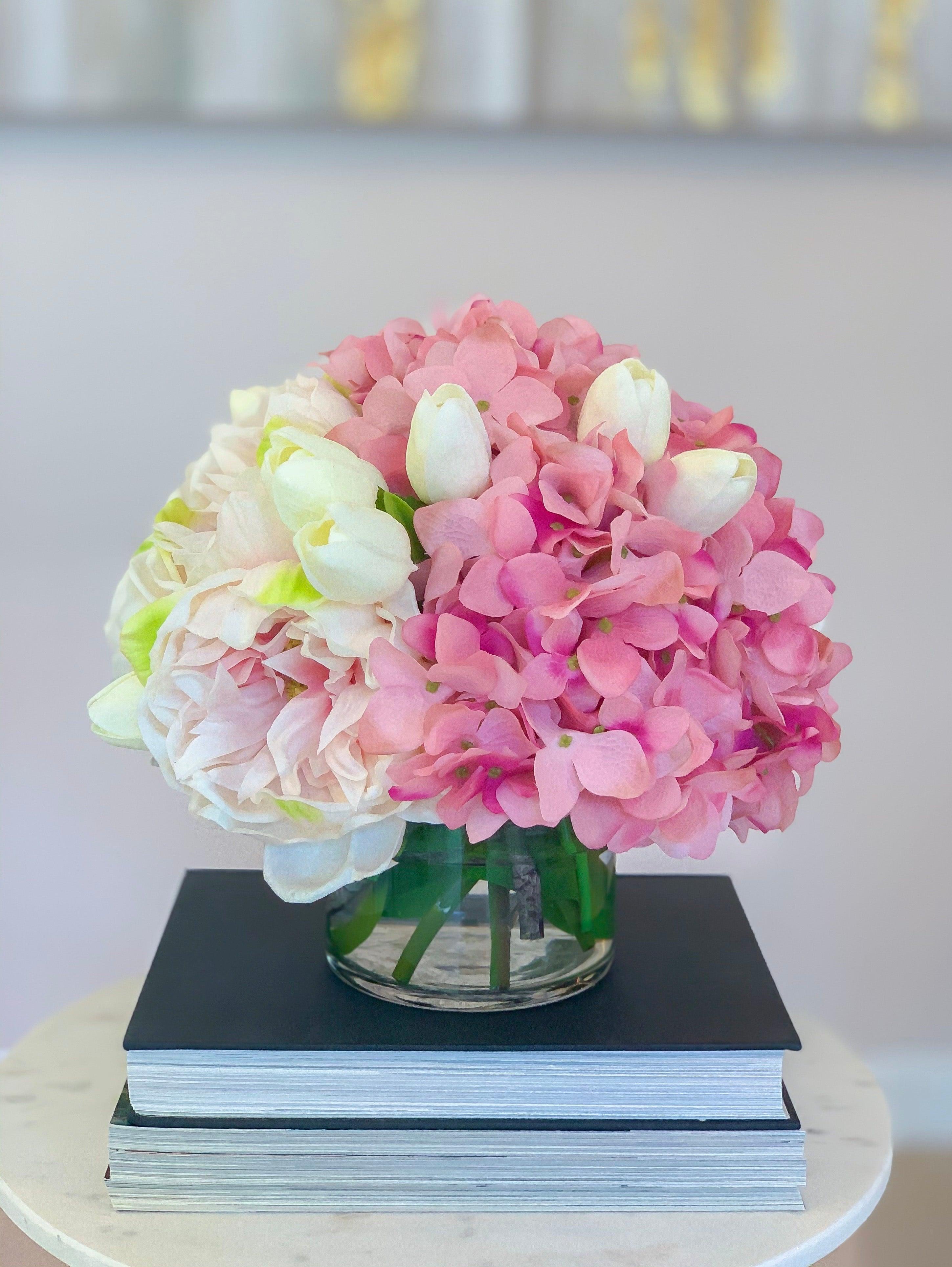 All Real Touch Flower Arrangement -Pink Peonies Centerpiece-Real Touch Peonies-Real Touch Hydrangea -Tulip Arrangement-Pink Arrangement - Flovery Main image