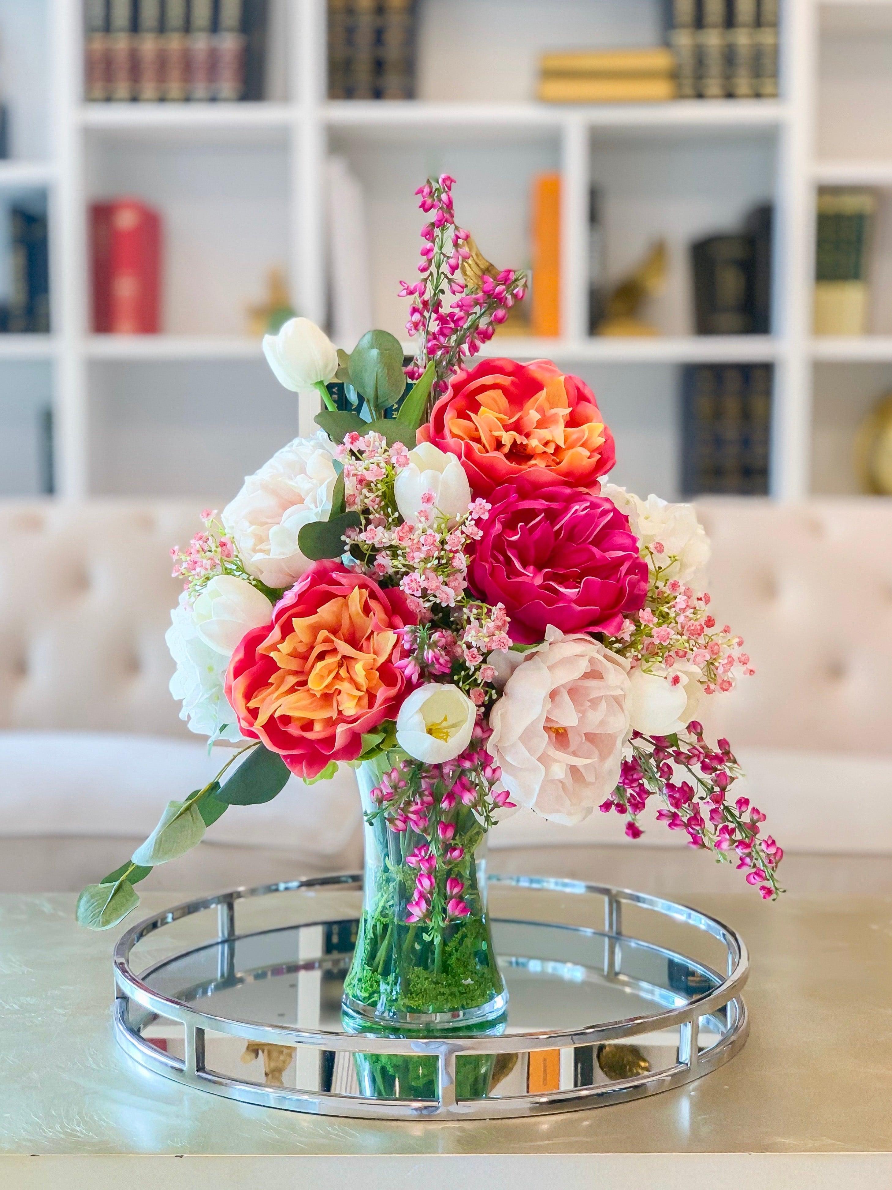 Large Real Touch Flower Arrangement-Large Dining Table Centerpiece-Real Touch Pink/Magenta Peony Centerpiece-Tulip Hydrangea Centerpiece - Flovery