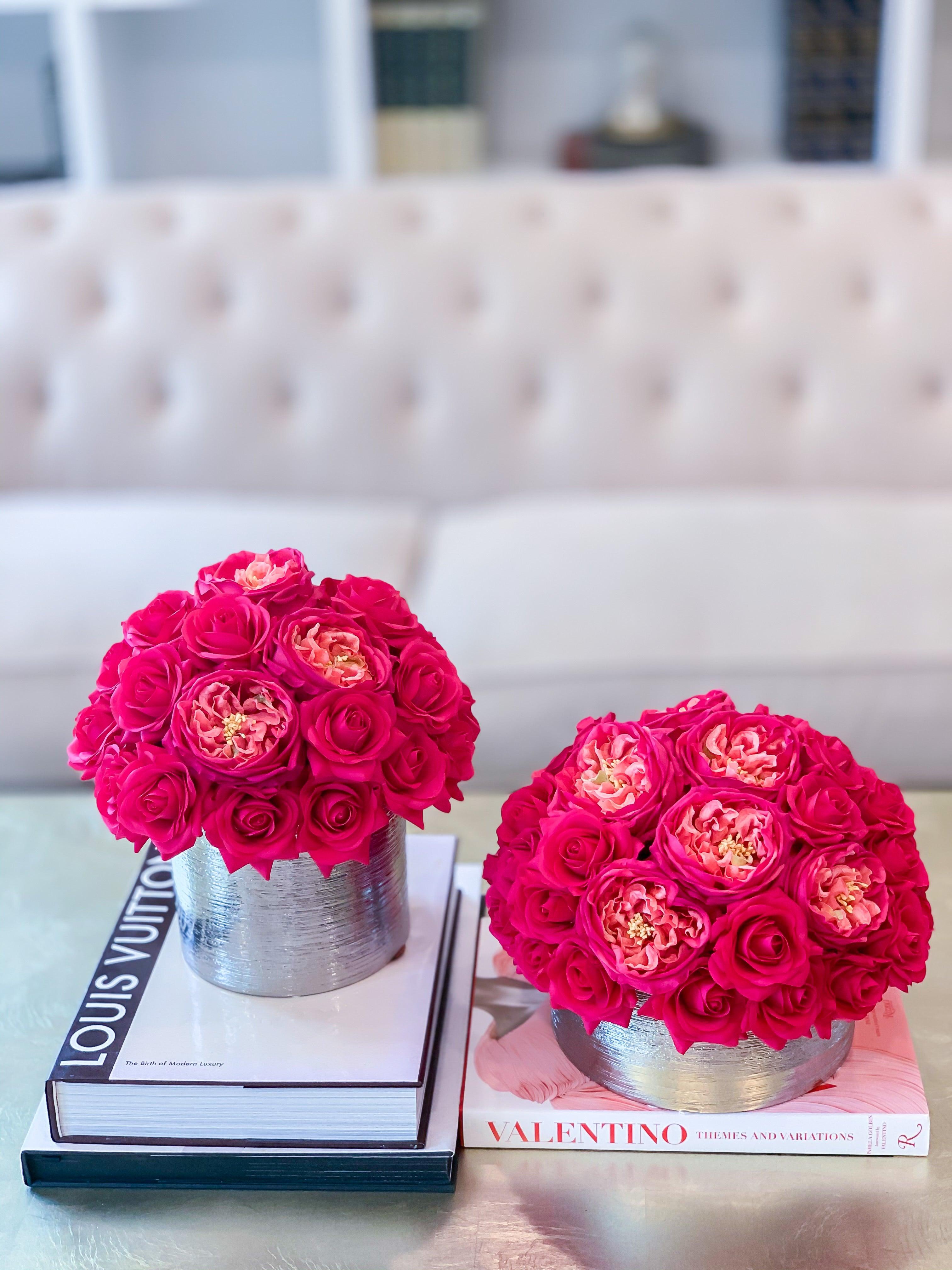 Set of 2 Luxury Real Touch Rose Arrangement in Metal Container-Real Touch Centerpiece-Artificial Flowers Arrangement-Faux Arrangement - Flovery