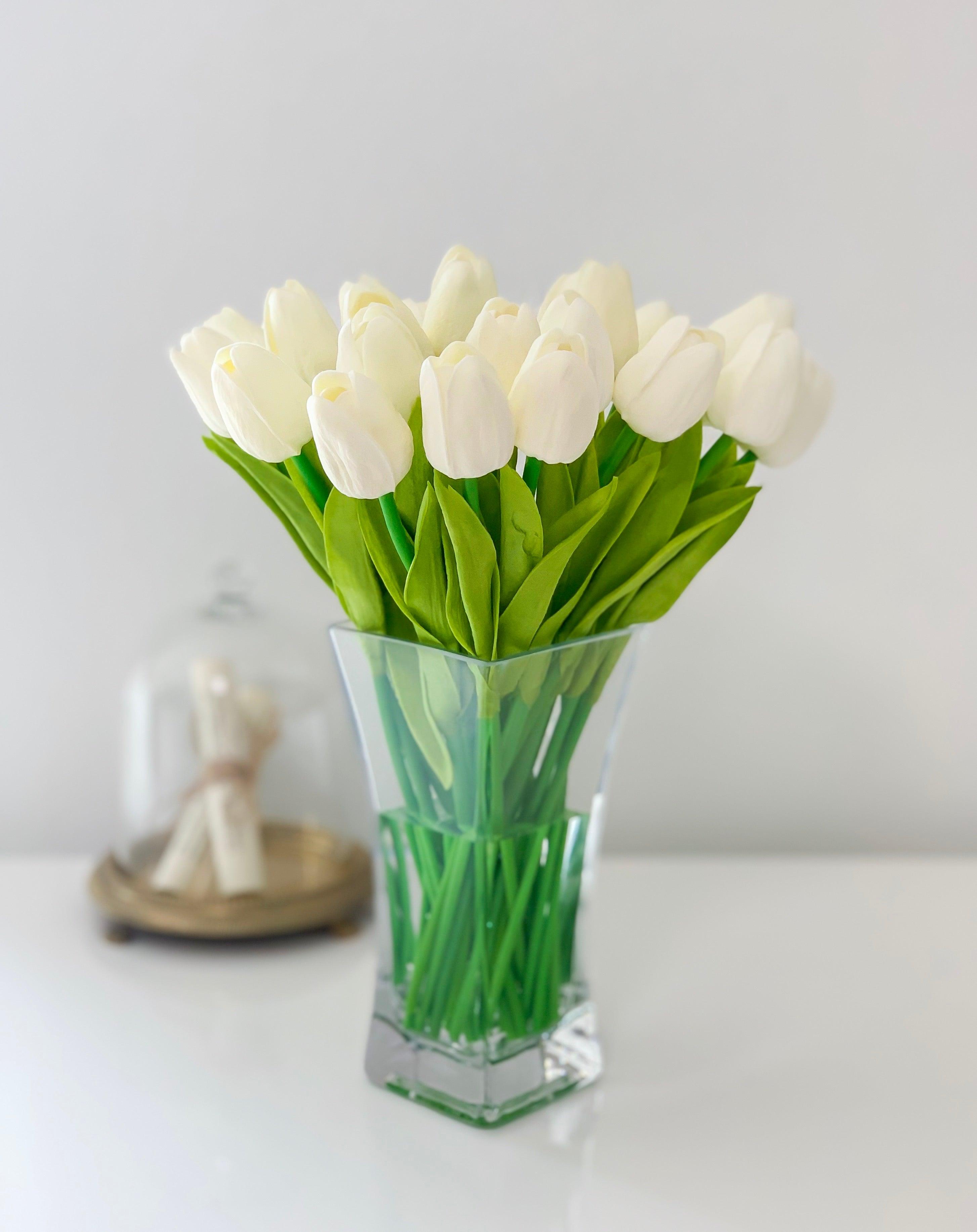 13" Real Touch Tulip-White Tulip Arrangement-Tulip Centerpiece-Floral Arrangement-Faux Flowers-Tulips-White/Offwhite Tulip - Flovery Main image