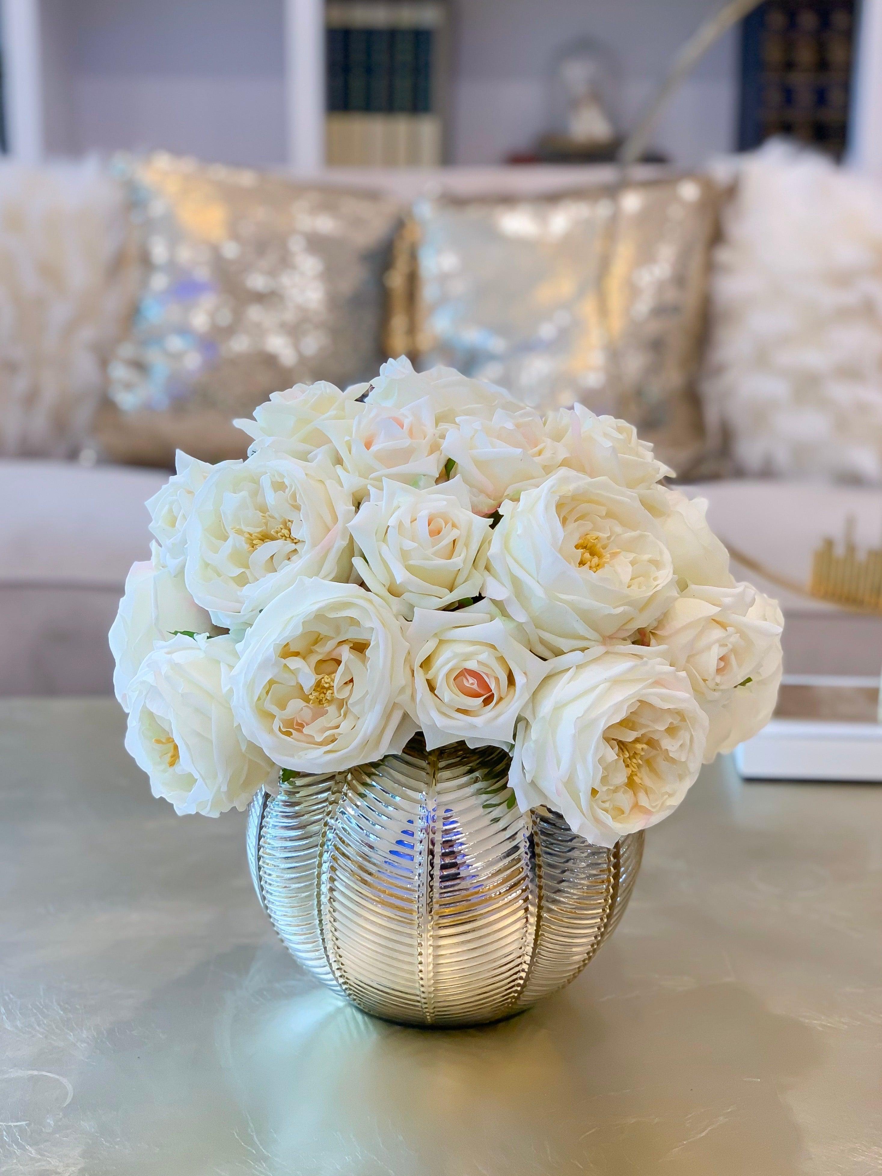 Large REAL TOUCH Rose Centerpiece Gold-Cream/Ivory Rose Arrangement English Roses-Large Floral Arrangement-Large Table Centerpiece - Flovery
