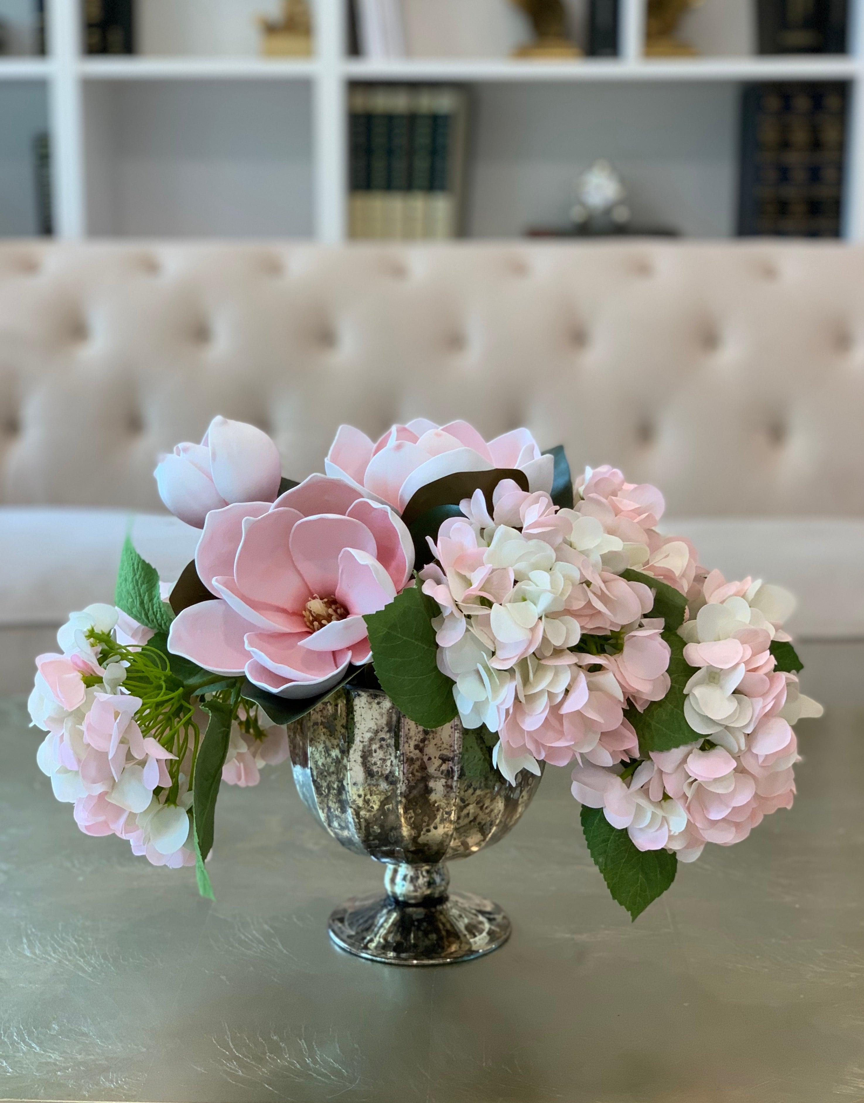 Finest REAL TOUCH Magnolia/Hydrangea Arrangement - pink/white/blush Real Touch Hydrangea -Faux Magnolia Arrangement - Magnolia Centerpieces - Flovery