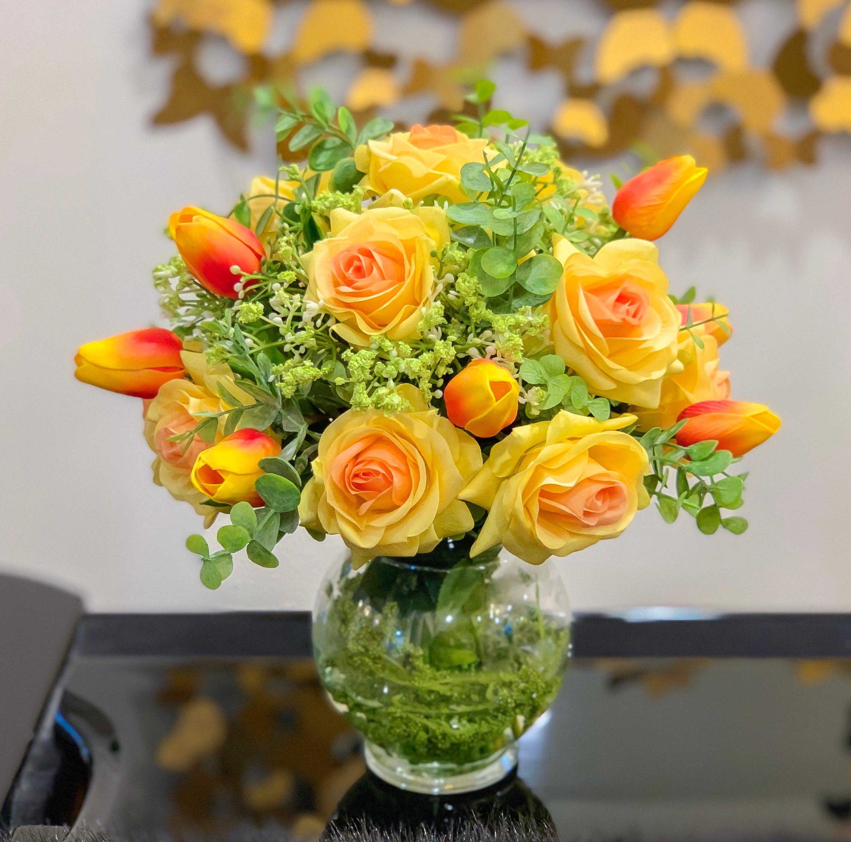 Real Touch Centerpiece-Faux Floral Arrangement- Yellow Centerpiece-Silk Flowers Arrangement-True Touch Rose Arrangements - Flovery