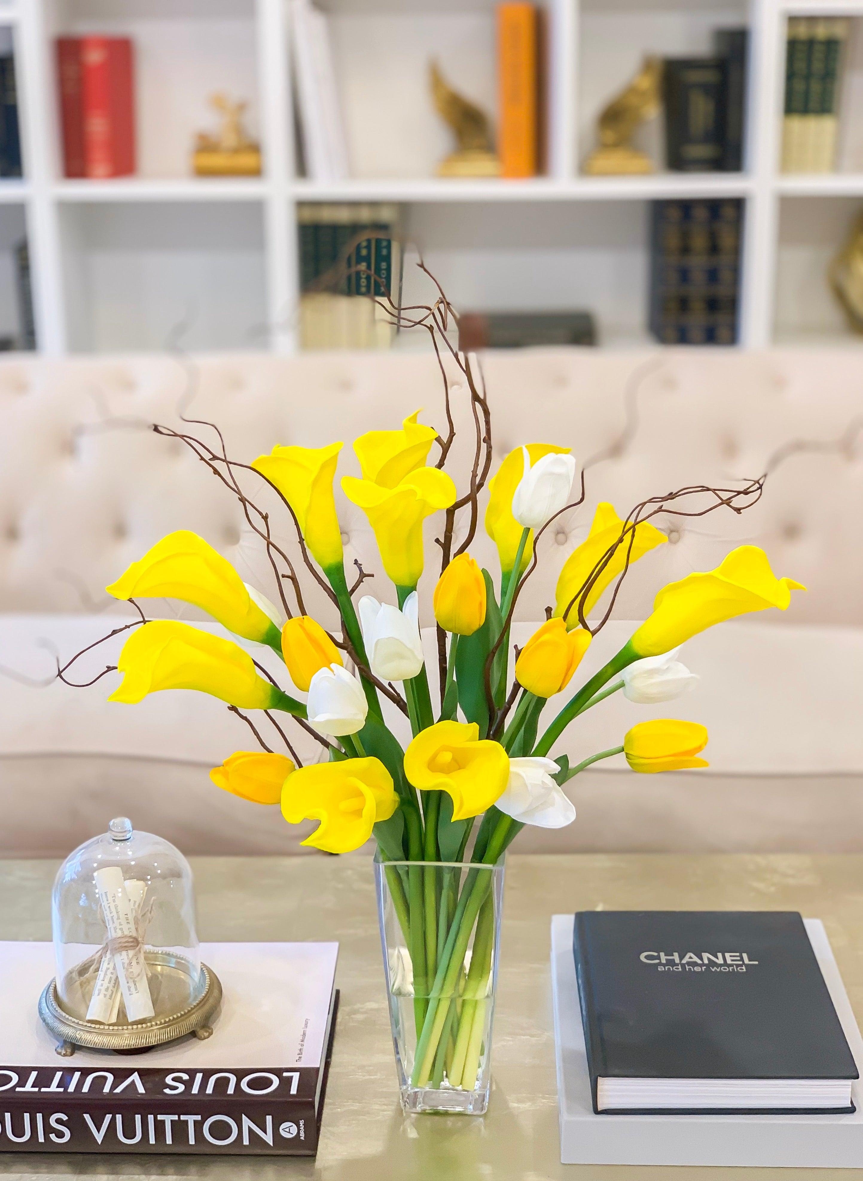 Yellow/White Real Touch Flowers Arrangement-Yellow Calla Lily Real Touch Arrangement-Real Touch Tulip-White/Yellow Tulips Centerpiece - Flovery