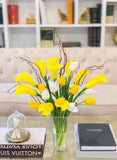 Yellow/White Real Touch Flowers Arrangement-Yellow Calla Lily Real Touch Arrangement-Real Touch Tulip-White/Yellow Tulips Centerpiece - Flovery