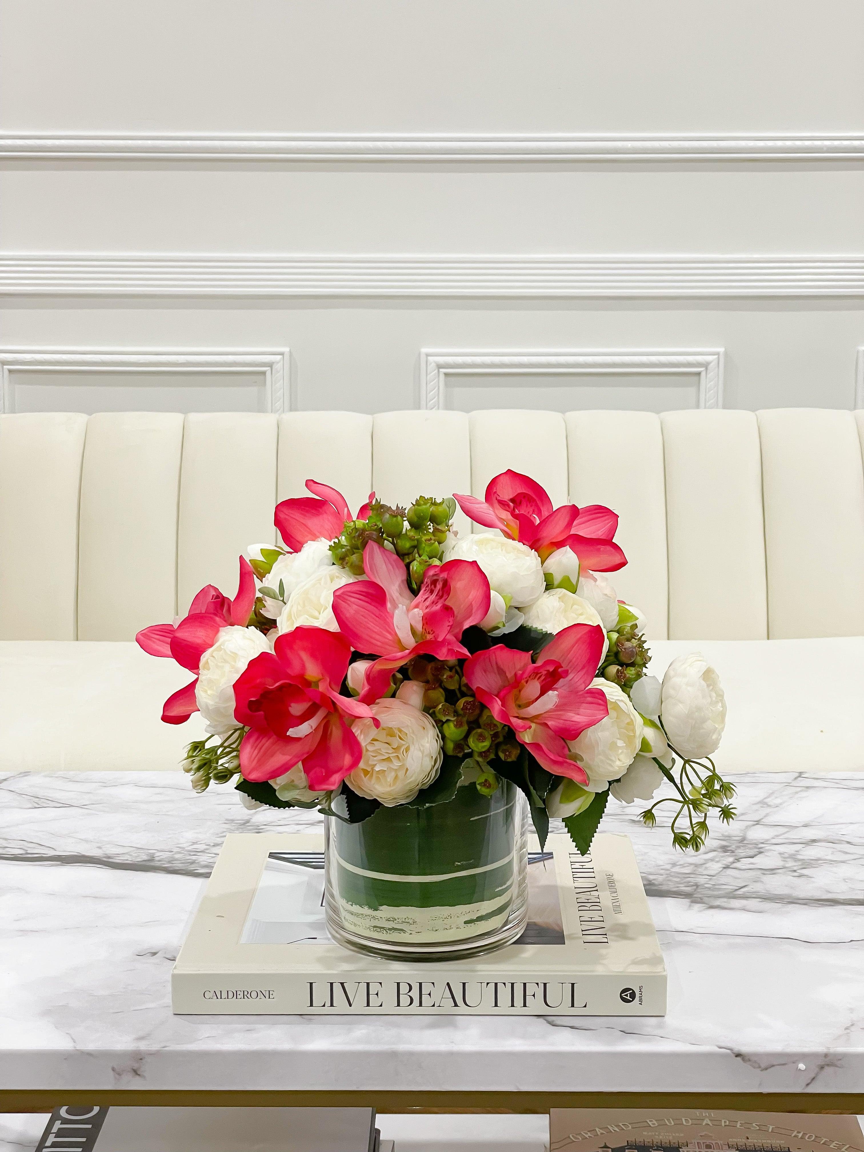 Silk Peony Orchid Centerpiece French Country Centerpiece In Glass Vase Secondary image
