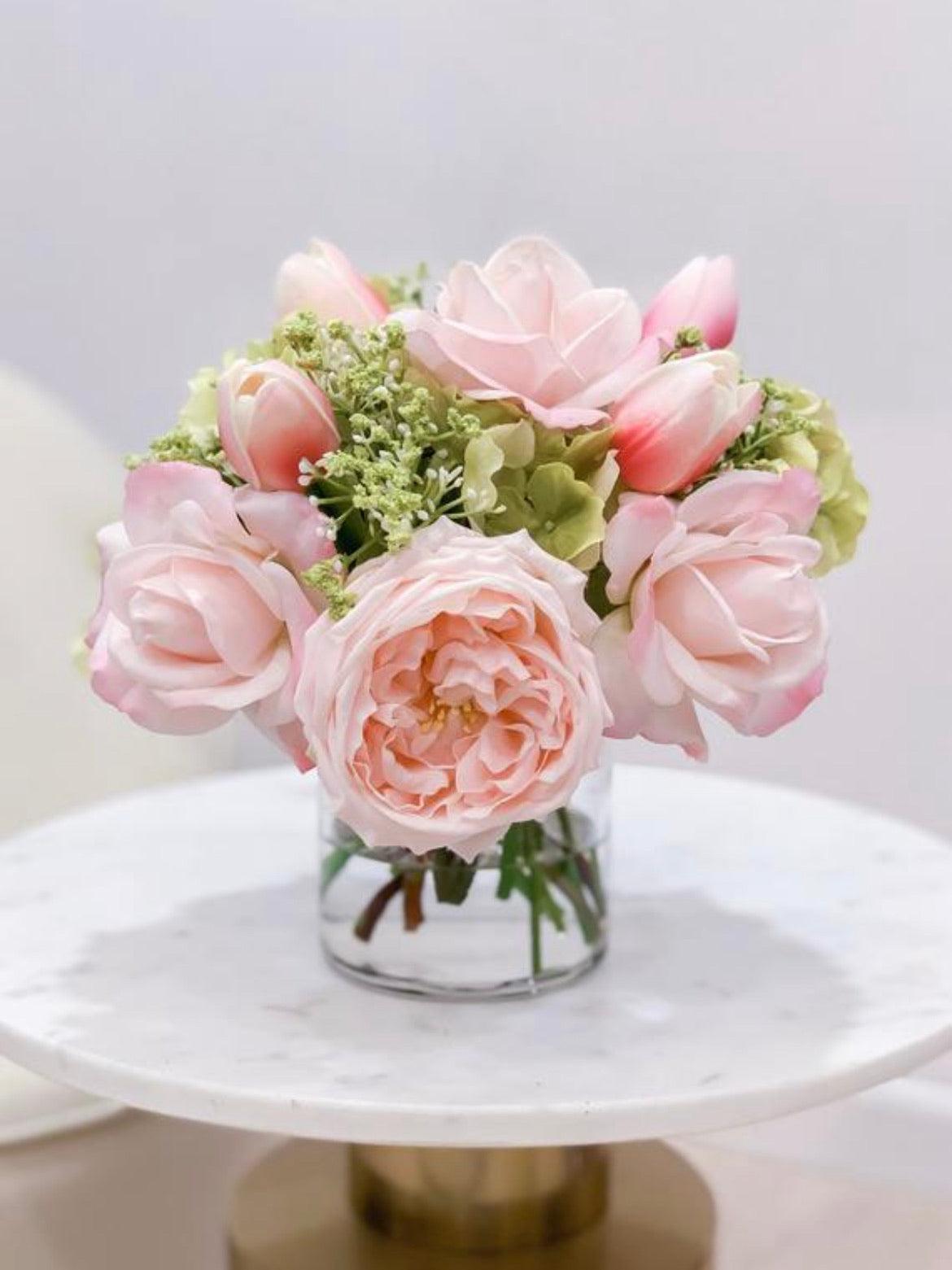 Pink Centerpiece-Rose Real Touch Flower Arrangement-Peonies Flower Arrangement-Pink Real Touch Roses-Pink Real Touch Peony - Flovery Main image