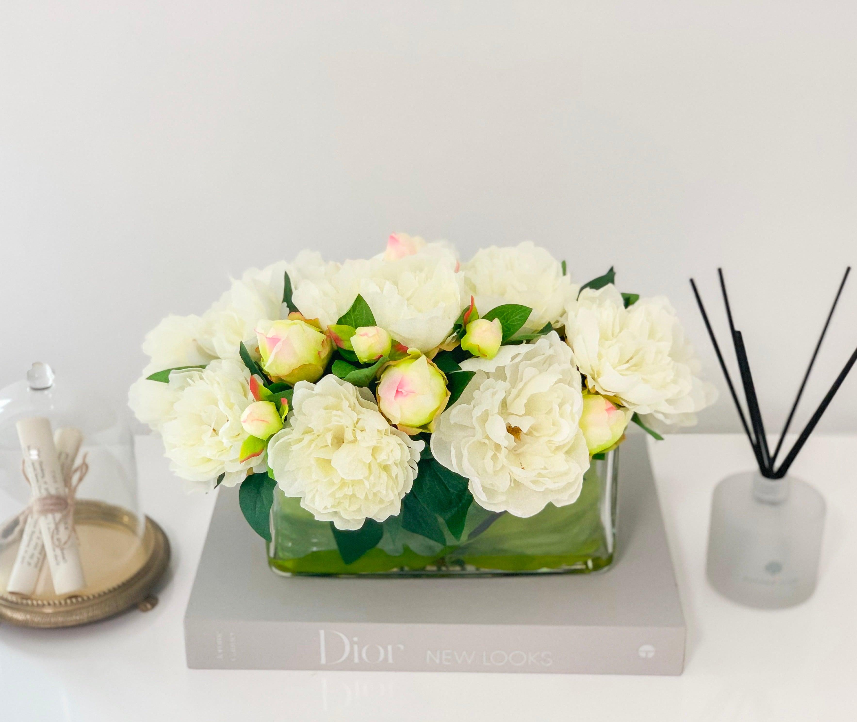 White Peony-Peonies-Finest Silk Flower Arrangement-Peony Arrangement-White Luxury Silk Peony-Artificial Arrangement-Home Decor-Faux Flowers - Flovery