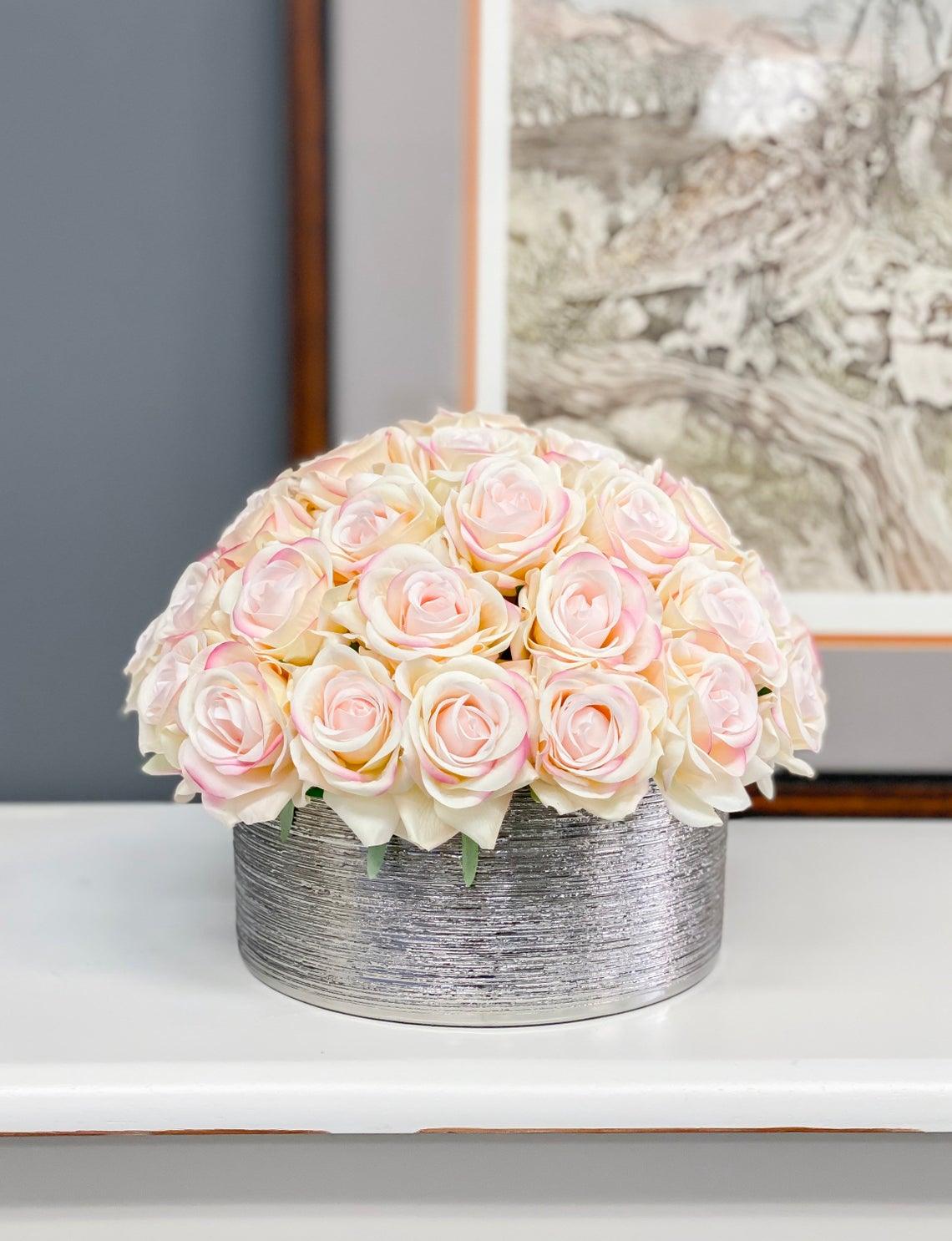 40 Ivory Pink Tipped Real Touch Rose Arrangement in Silver Vase - Flovery Main image