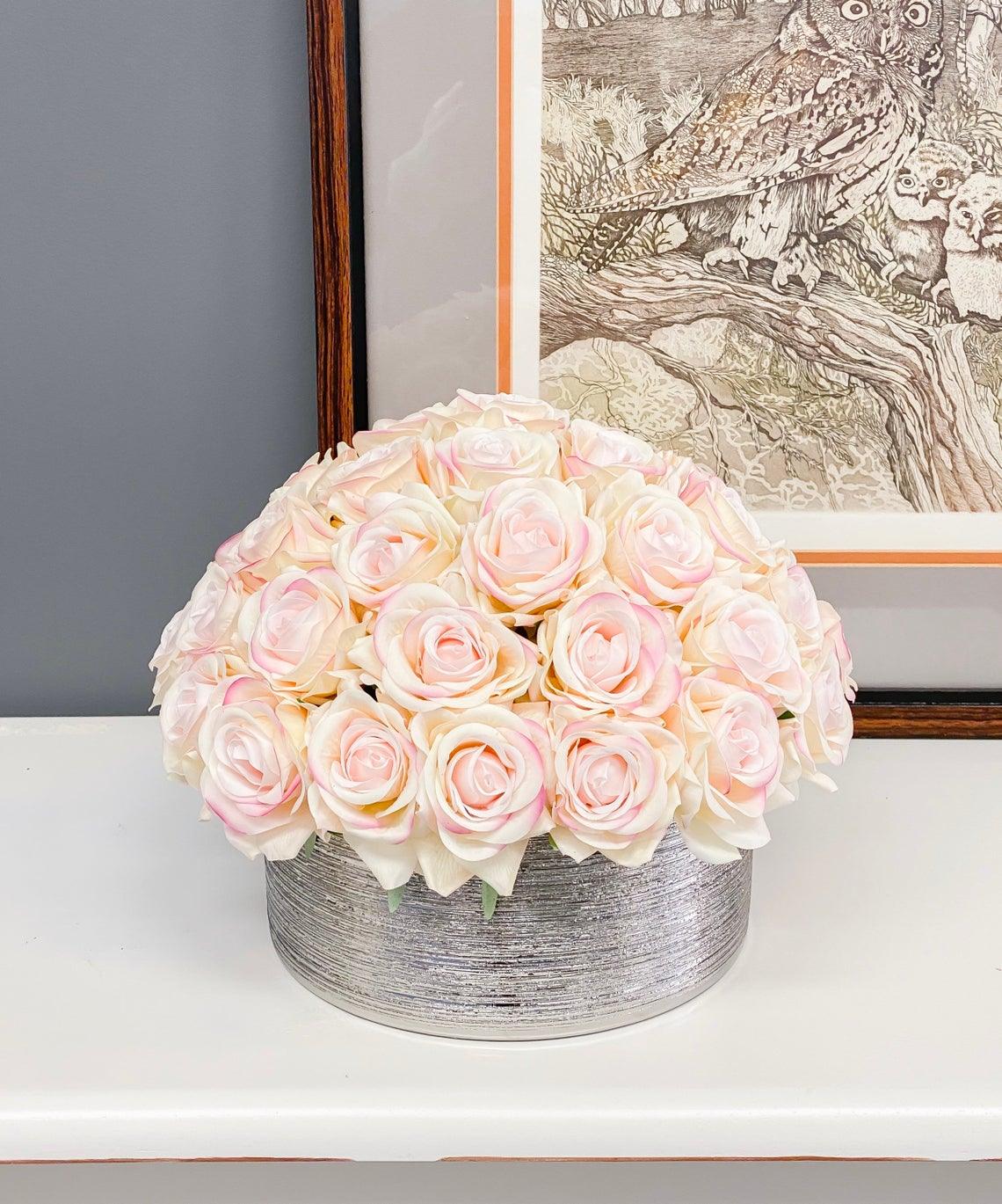 40 Ivory Pink Tipped Real Touch Rose Arrangement in Silver Vase Secondary image