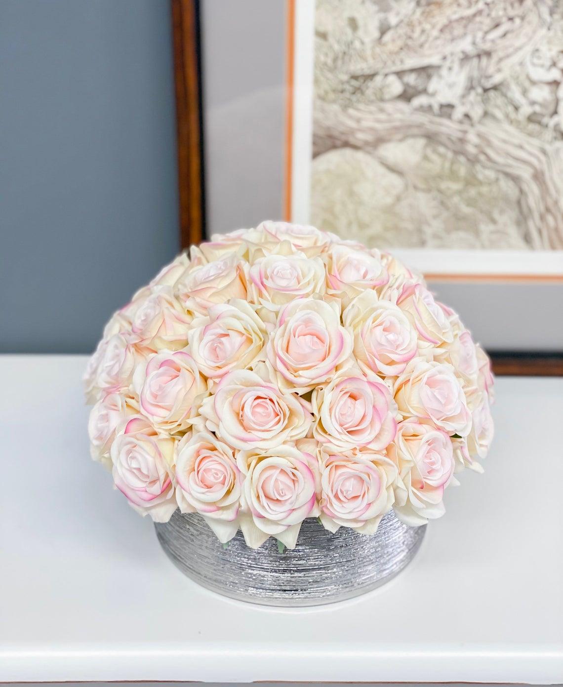 40 Ivory Pink Tipped Real Touch Rose Arrangement in Silver Vase - Flovery
