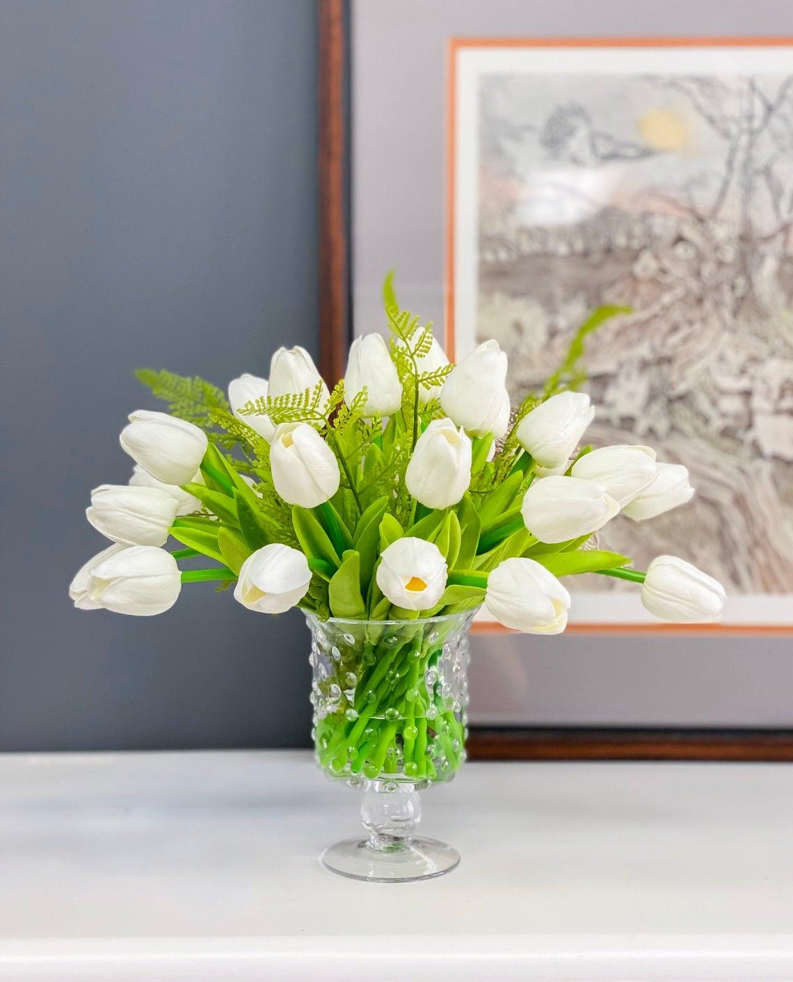 Real Touch White Tulip Centerpiece in Footed Glass Vase - Flovery Main image