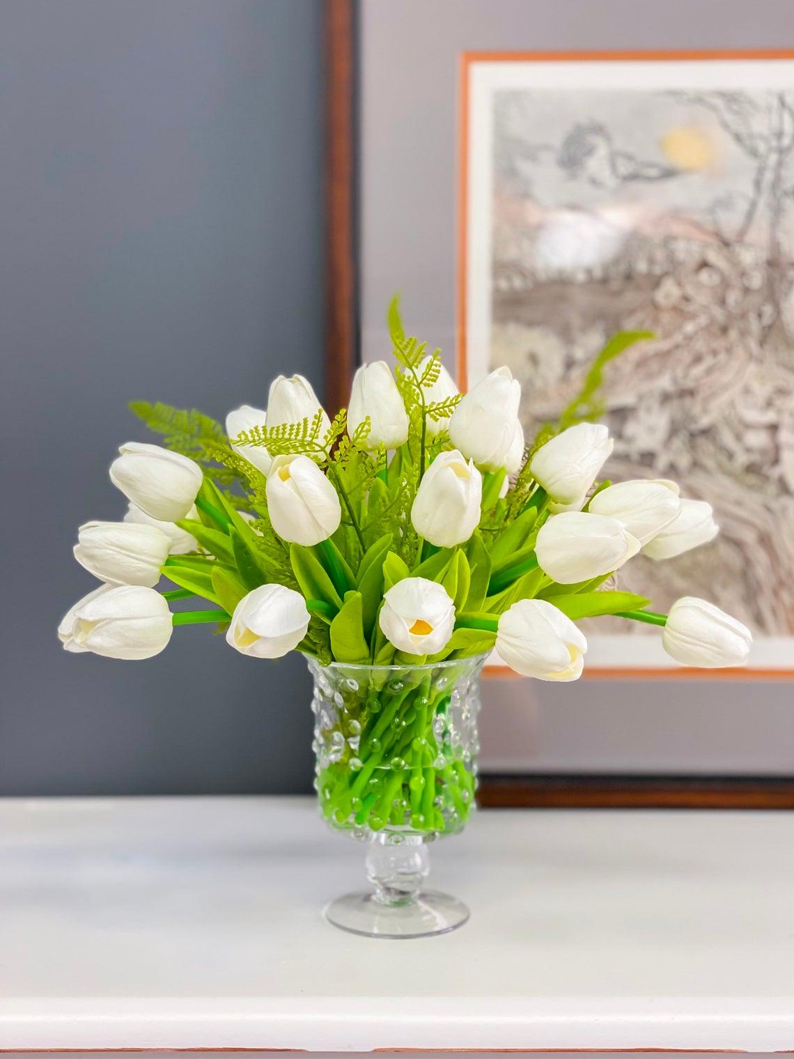 Real Touch White Tulip Centerpiece in Footed Glass Vase Secondary image