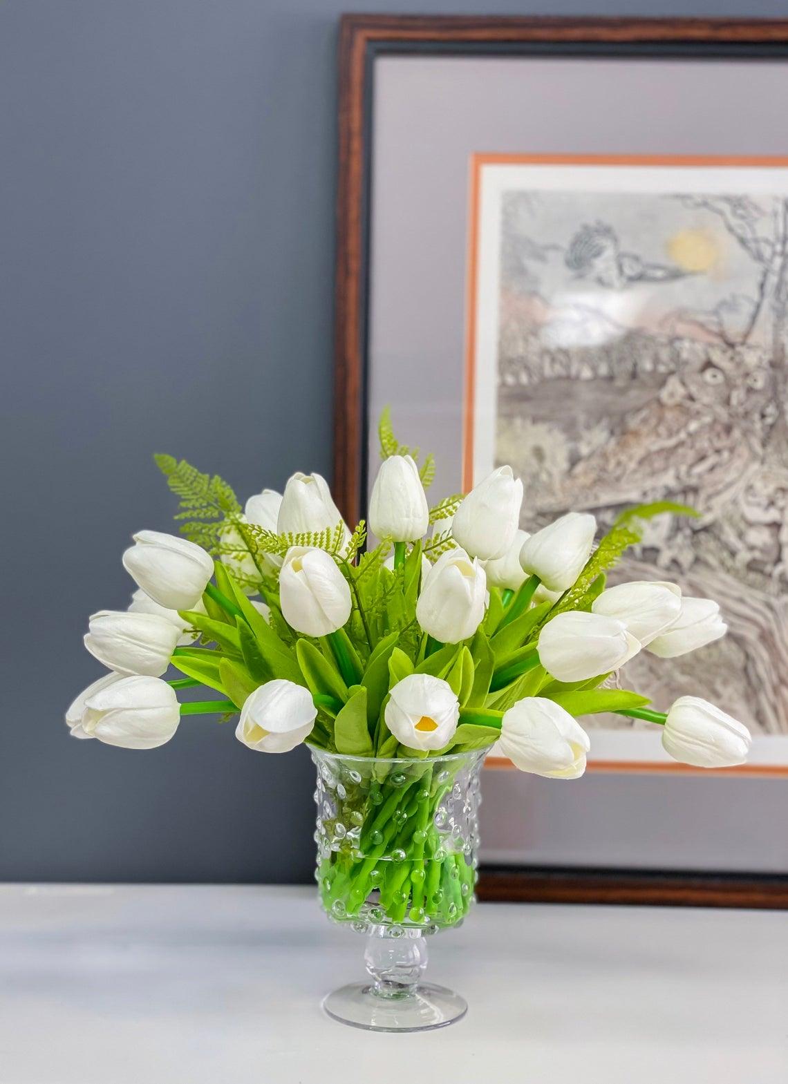 Real Touch White Tulip Centerpiece in Footed Glass Vase - Flovery
