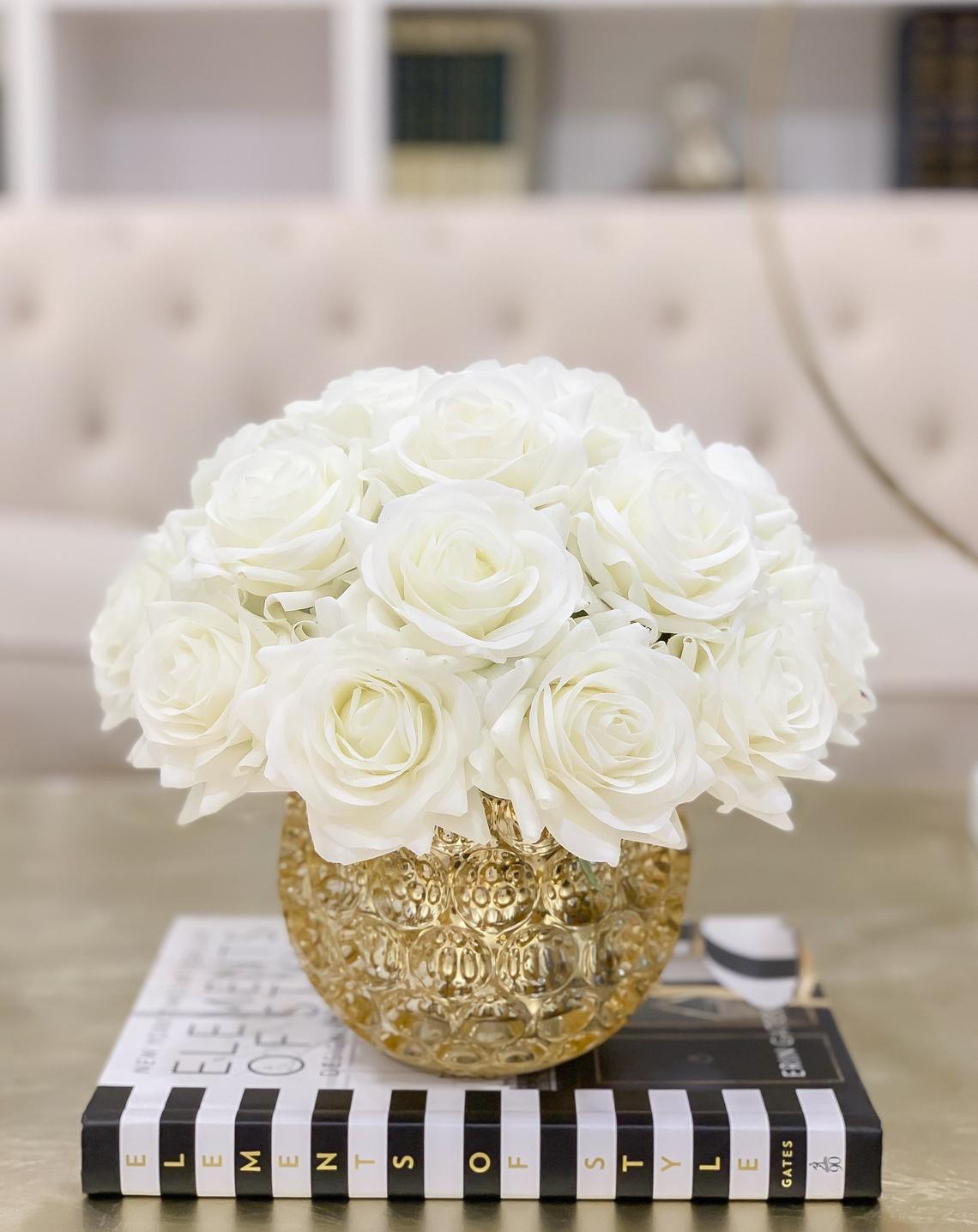 Large Rose Centerpiece in Gold Vase - Flovery