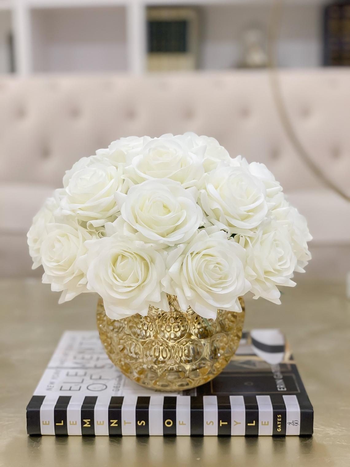 Large Rose Centerpiece in Gold Vase - Flovery