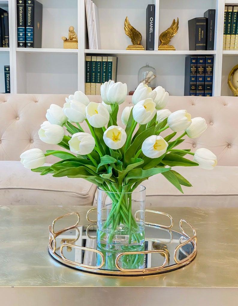 17-in Tall White Real Touch Tulip Centerpiece in Glass Vase - Flovery
