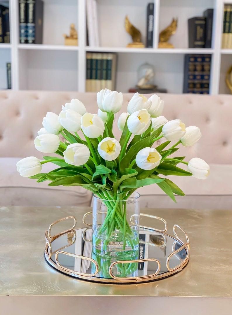 17-in Tall White Real Touch Tulip Centerpiece in Glass Vase - Flovery