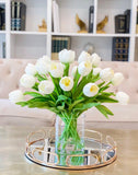 17-in Tall White Real Touch Tulip Centerpiece in Glass Vase - Flovery