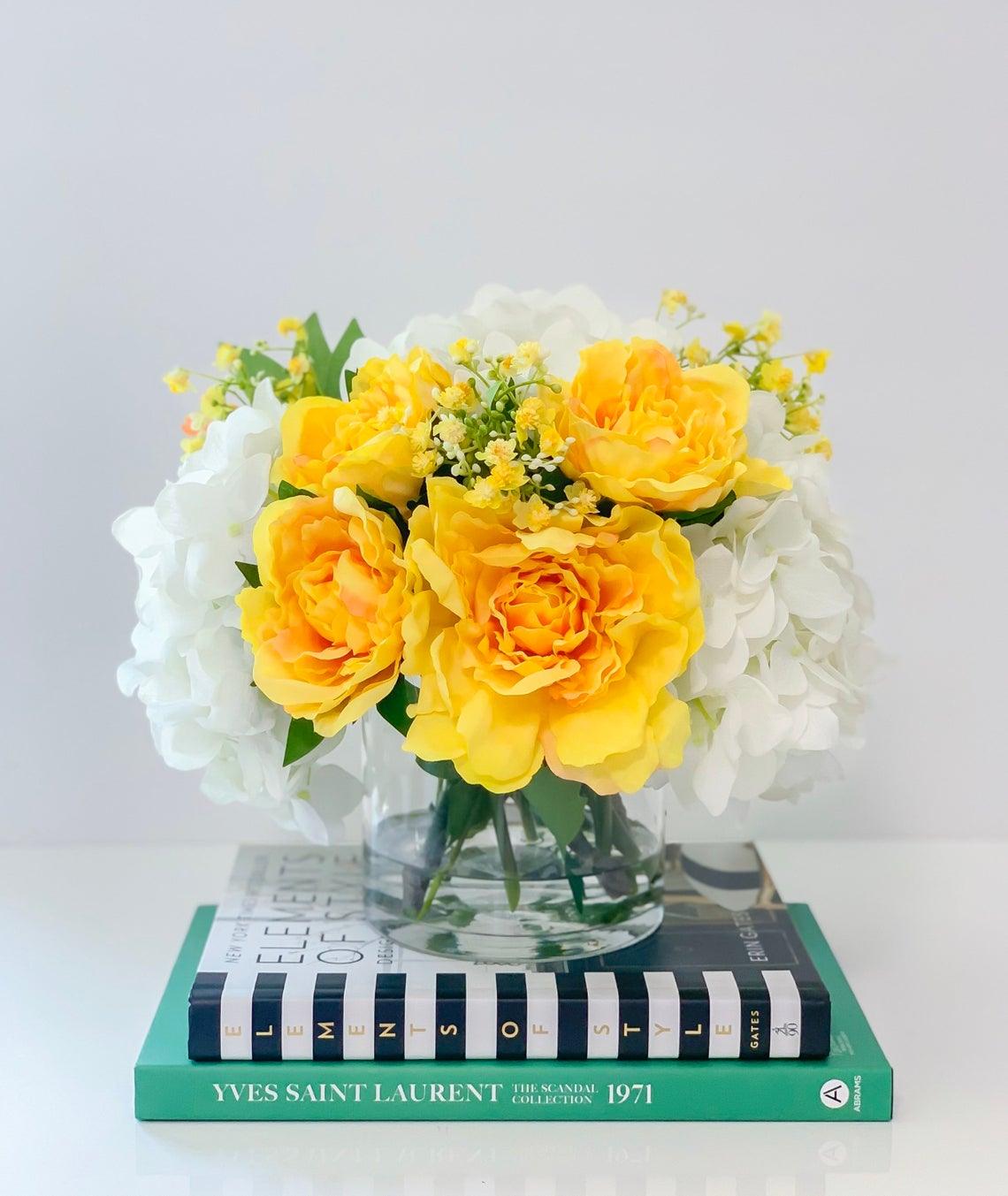 REAL TOUCH Floral Centerpiece Yellow-Floral Arrangement-Real Touch Yellow Peony Arrangement-Real Touch White Hydrangea Centerpiece - Flovery Main image