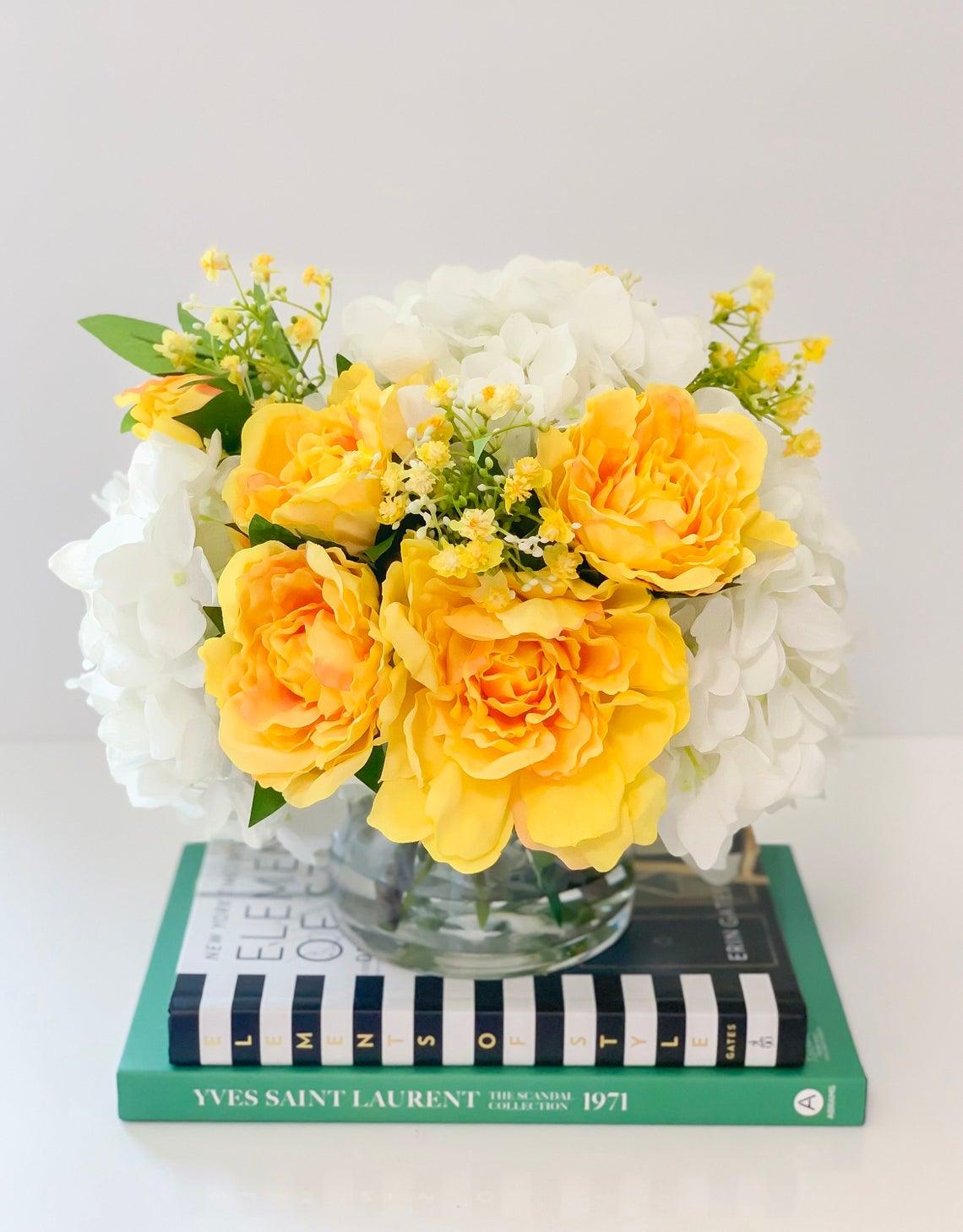 REAL TOUCH Floral Centerpiece Yellow-Floral Arrangement-Real Touch Yellow Peony Arrangement-Real Touch White Hydrangea Centerpiece - Flovery